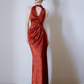 French Retro Burgundy Mermaid Halter Long Dress with Ribbon Trim Quinceanera Dress Evening Dress RS044