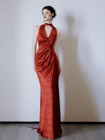 French Retro Burgundy Mermaid Halter Long Dress with Ribbon Trim Quinceanera Dress Evening Dress RS044