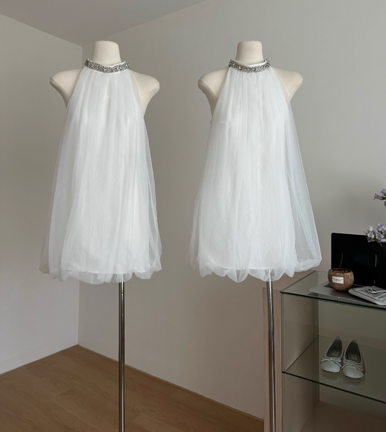 Elegant atmosphere diamond-studded halter neck sling mesh sleeveless short dress R2118