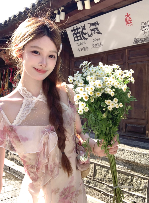 Long printed halter neck dress for women summer French style skirt R4831