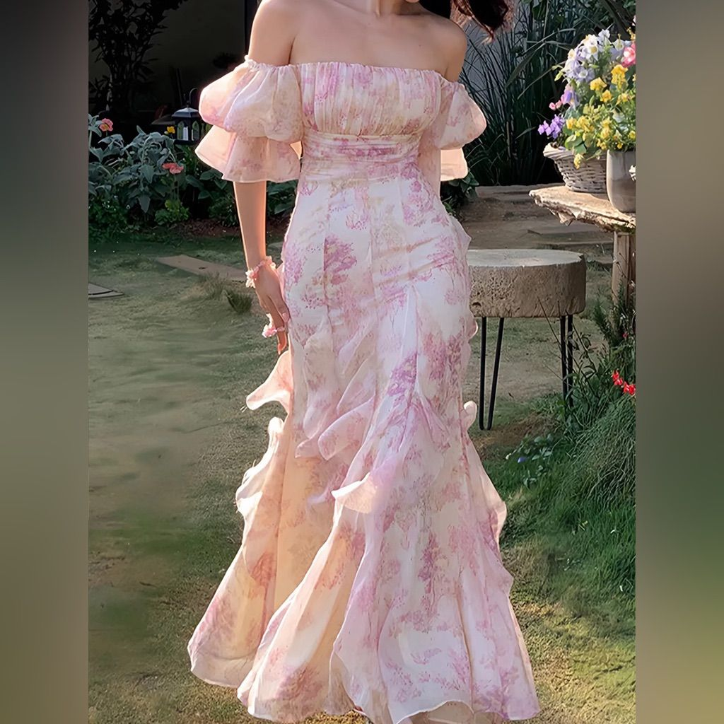 Flowy Chiffon Floral Women's Prom Gown Blush Pink Corset Maxi Evening Dress Birthday Dress — Fall Outfit 2026 New RS3213