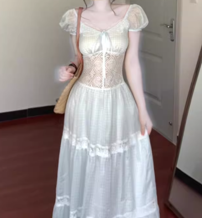 Gentle blue lace puff sleeve dress holiday temperament waist A-line long skirt R0862