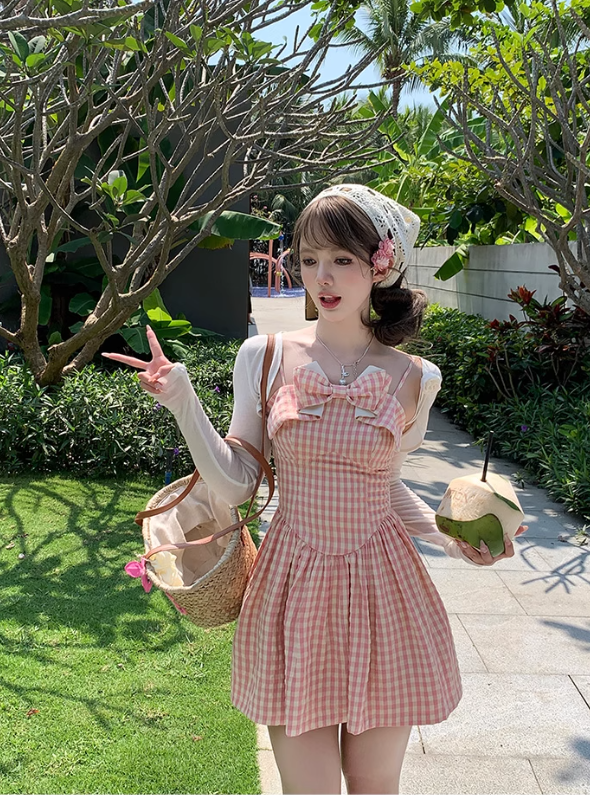 Pink plaid waist suspender dress French retro style skirt R5026