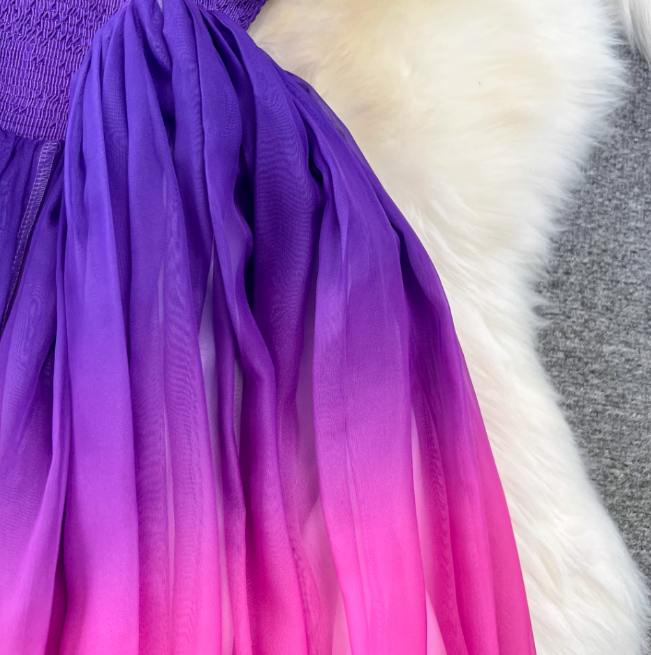 Temperament sleeveless round neck waist slimming A-line rainbow gradient chiffon elegant dress R0405