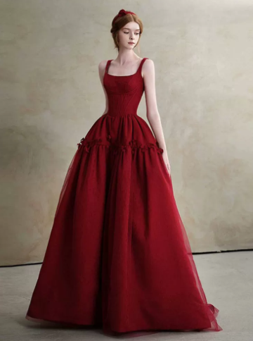 Fench Retro Burgundy A-Line Spaghetti Straps Long Dress with Flower Embroidery Quinceanera Dress Evening Dress RS046