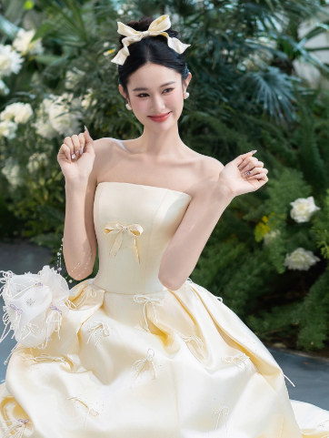Elegant Light Ivory A-Line Strapless Women Dress with Bow-knot Elements Bridesmaid Dress Birthday Dress RS047