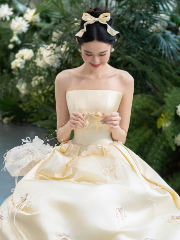 Elegant Light Ivory A-Line Strapless Women Dress with Bow-knot Elements Bridesmaid Dress Birthday Dress RS047