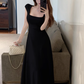 Square-neck gentle strap dress temperament drape waist slim fit senior long skirt R1442
