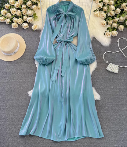 High-class lady temperament long-sleeved bow tie waist slimming A-line shiny sequin dress R0388