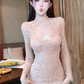 Pure desire hot girl lace hollow long sleeve dress 2025 waist hip short skirt R1174