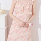 French dress new summer design niche temperament high-end pink floral waist skirt R4217
