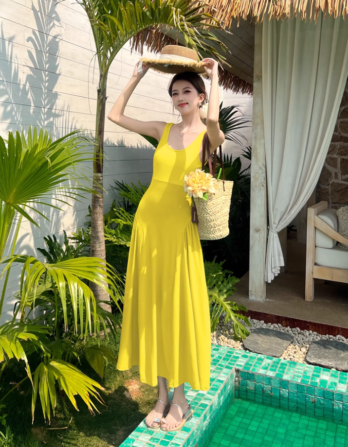 Temperament I-shaped vest dress design niche waist-revealing long skirt R0663