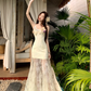 Fairy V-neck suspender dress heavy three-dimensional flower lace embroidery fishtail long skirt R1749
