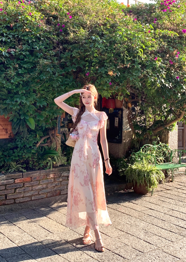 Long printed halter neck dress for women summer French style skirt R4831