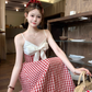 Long red plaid v-neck suspender dress for women summer French temperament skirt R4829