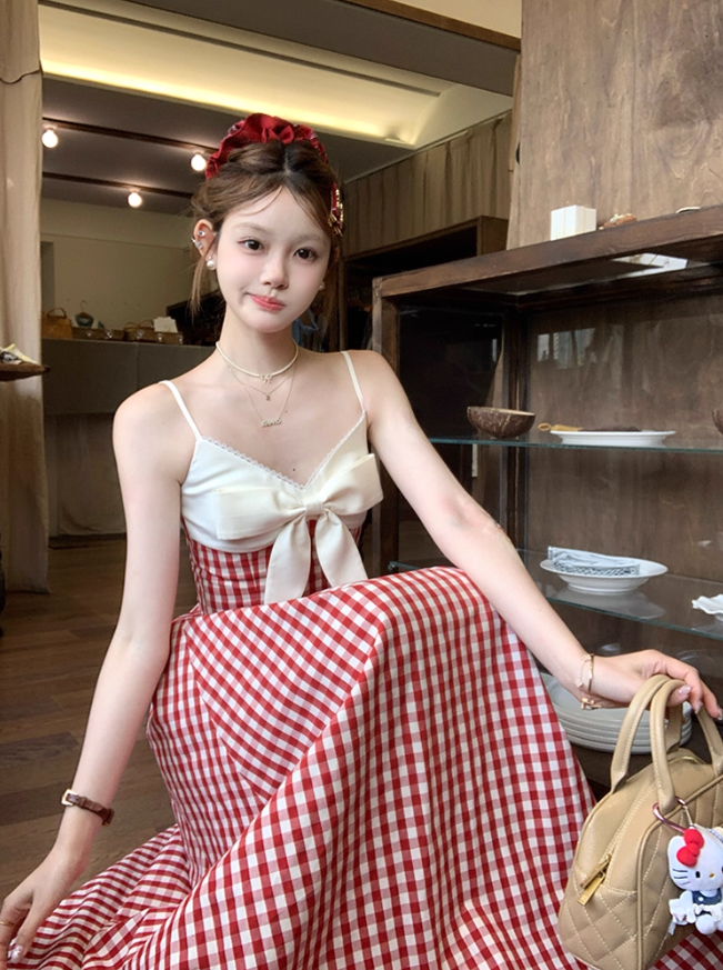 Long red plaid v-neck suspender dress for women summer French temperament skirt R4829