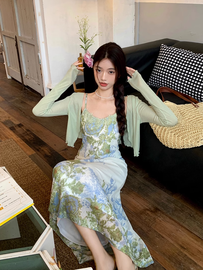 Fairy New Chinese Retro Jacquard Suspender Skirt Flower Long Skirt Tea Break Dress R1759