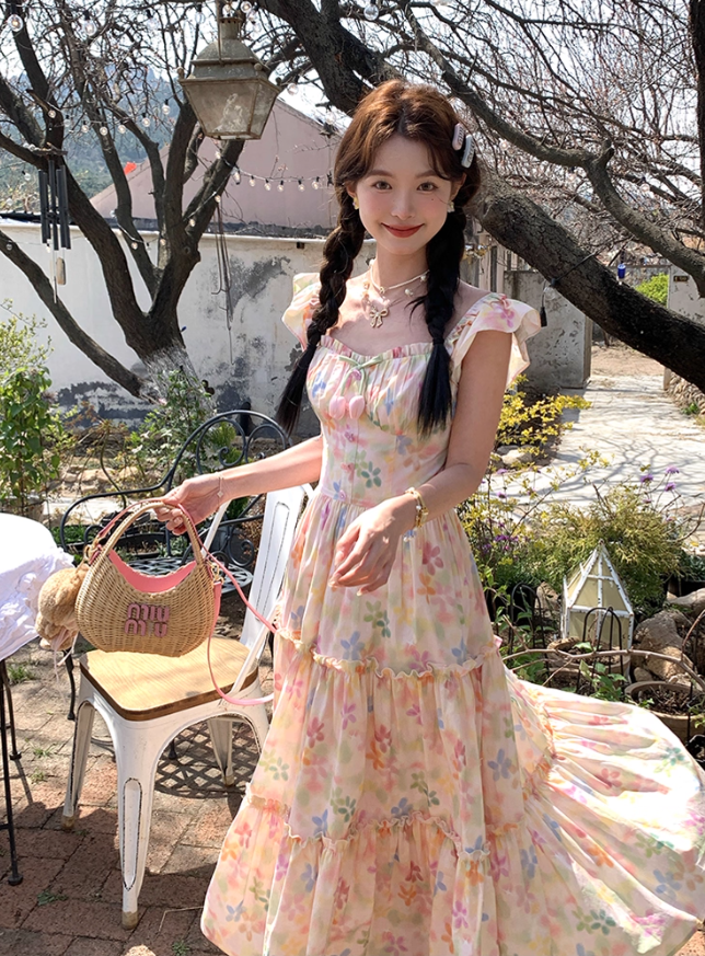 Long square neck small flying sleeve waist printed A-line dress summer French skirt R4905