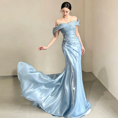 Elegant Pale Blue Mermaid Bateau Women Dress Prom Dress Evening Dress RS048