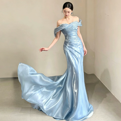 Elegant Pale Blue Mermaid Bateau Women Dress Prom Dress Evening Dress RS048