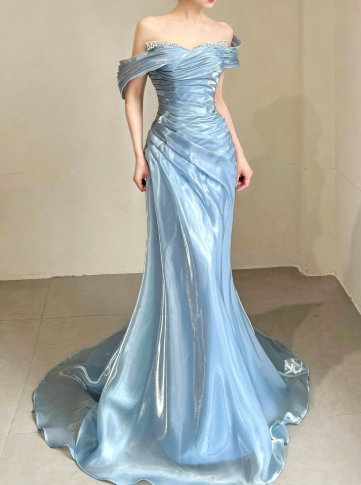 Elegant Pale Blue Mermaid Bateau Women Dress Prom Dress Evening Dress RS048