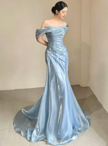 Elegant Pale Blue Mermaid Bateau Women Dress Prom Dress Evening Dress RS048