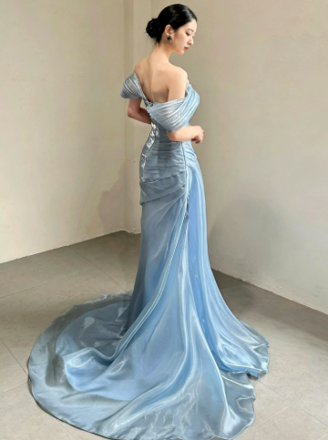 Elegant Pale Blue Mermaid Bateau Women Dress Prom Dress Evening Dress RS048