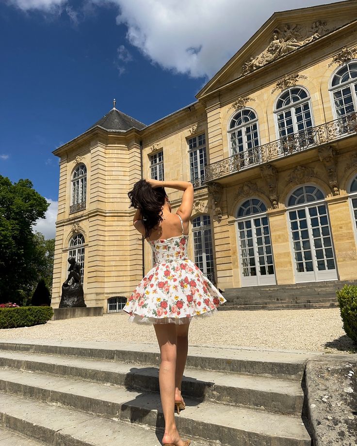 Retro floral suspenders waist slim fit tutu skirt homecoming dress R2722