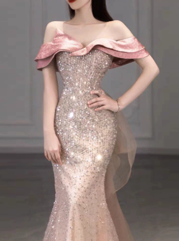 Cute Pink Mermaid Bateau Women Dress with Sequin and Tulle Prom Dress Evening Dress RS049