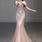 Cute Pink Mermaid Bateau Women Dress with Sequin and Tulle Prom Dress Evening Dress RS049