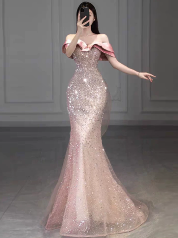 Cute Pink Mermaid Bateau Women Dress with Sequin and Tulle Prom Dress Evening Dress RS049