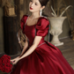 French Retro Burgundy A-Line Square Women Dress with Puff Sleeves Birthday Dress Evening Dress RS050
