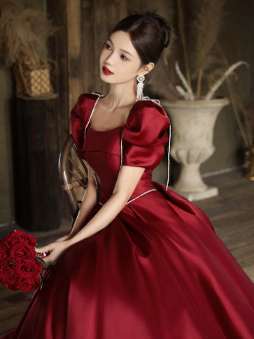 French Retro Burgundy A-Line Square Women Dress with Puff Sleeves Birthday Dress Evening Dress RS050