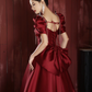 French Retro Burgundy A-Line Square Women Dress with Puff Sleeves Birthday Dress Evening Dress RS050