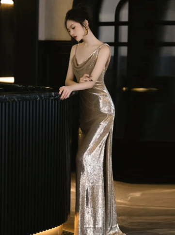 Sexy Golden Mermaid Spaghetti Straps Women Dress with Open Back Prom Dress Coctail Dress RS051