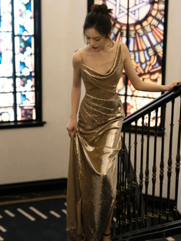 Sexy Golden Mermaid Spaghetti Straps Women Dress with Open Back Prom Dress Coctail Dress RS051