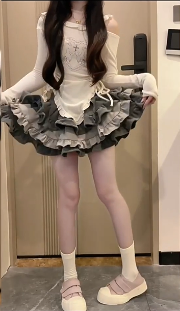 Sweet and spicy style one-shoulder knitted top 2025 large size pure desire puffy cake skirt suit R1417