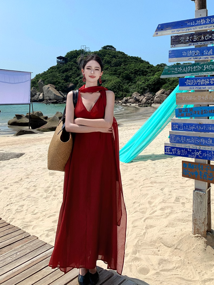 Fairy Island Travel Outfit Halter Neck V-Neck Dress Beach Dress Loose Casual Long Dress R1732