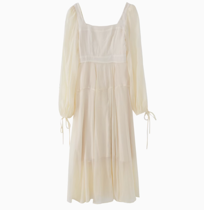 Temperament gentle style apricot long-sleeved dress spring new slim skirt R1901