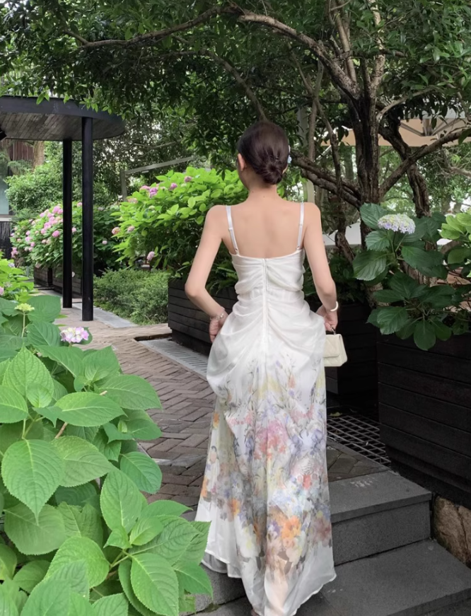 Sexy tube top suspender dress temperament floral long skirt R0542