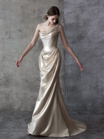 Elegant Light Ivory Mermaid One-shoulder Long Women Dress Prom Dress Evening Dress RS053