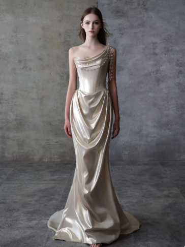 Elegant Light Ivory Mermaid One-shoulder Long Women Dress Prom Dress Evening Dress RS053