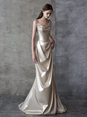 Elegant Light Ivory Mermaid One-shoulder Long Women Dress Prom Dress Evening Dress RS053