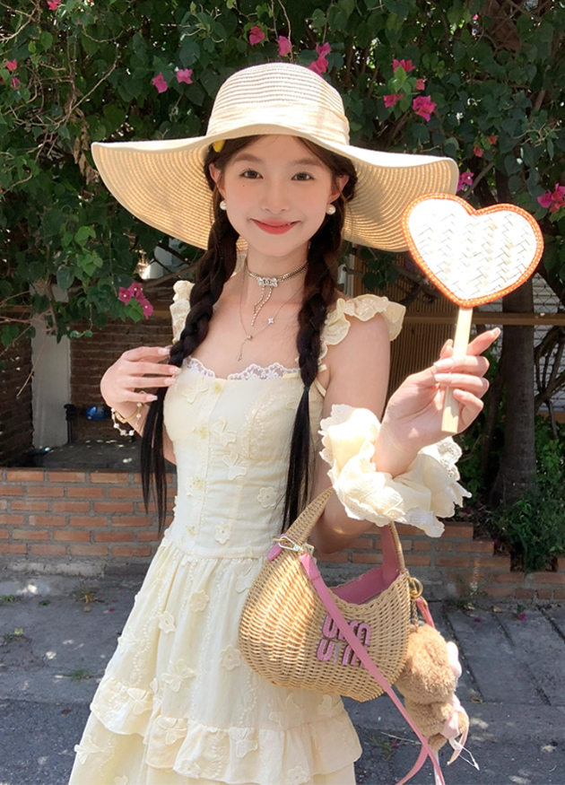 Yellow long small flying sleeve waist suspender dress summer French A-line sweet style skirt R4697