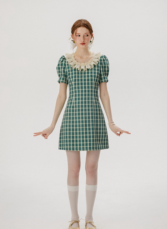 French skirt green plaid dress summer retro short skirt petite short skirt female summer R3457