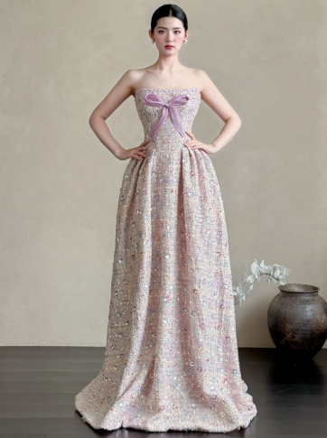 Chanel-inspired Lilac A-Line Strapless Long Women Dress with Sequin and Bow-knot Birthday Dress Evening Dress RS054