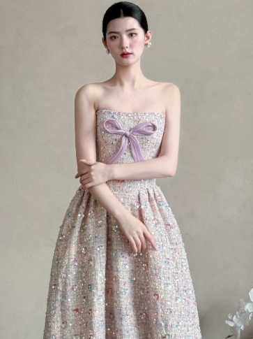 Chanel-inspired Lilac A-Line Strapless Long Women Dress with Sequin and Bow-knot Birthday Dress Evening Dress RS054