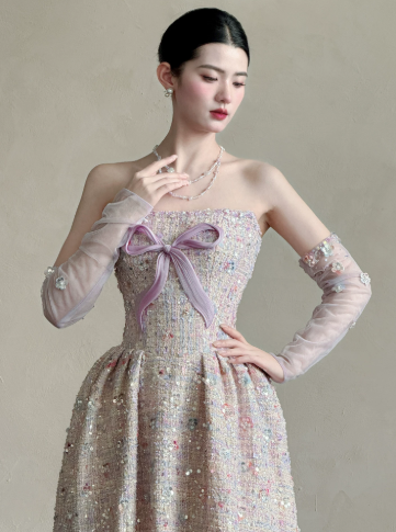 Chanel-inspired Lilac A-Line Strapless Long Women Dress with Sequin and Bow-knot Birthday Dress Evening Dress RS054