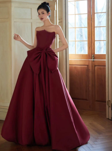 French Chic Burgundy A-Line Strapless Long Women Dress with Bow-knot Waist Birthday Dress Evening Dress RS055