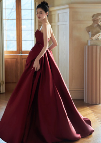 French Chic Burgundy A-Line Strapless Long Women Dress with Bow-knot Waist Birthday Dress Evening Dress RS055